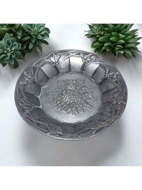 Vintage Japanese Embossed Metal Floral Relief Plate 7 in